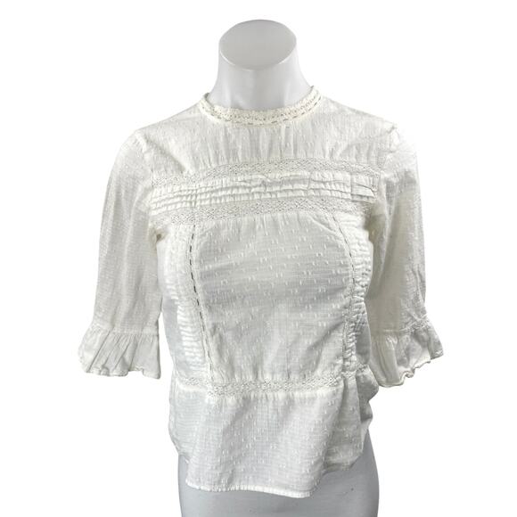 Zara Women's White Lace Embroidered High Neck 3/4 Flarted Sleeve Blouse Top XS - Picture 1 of 4